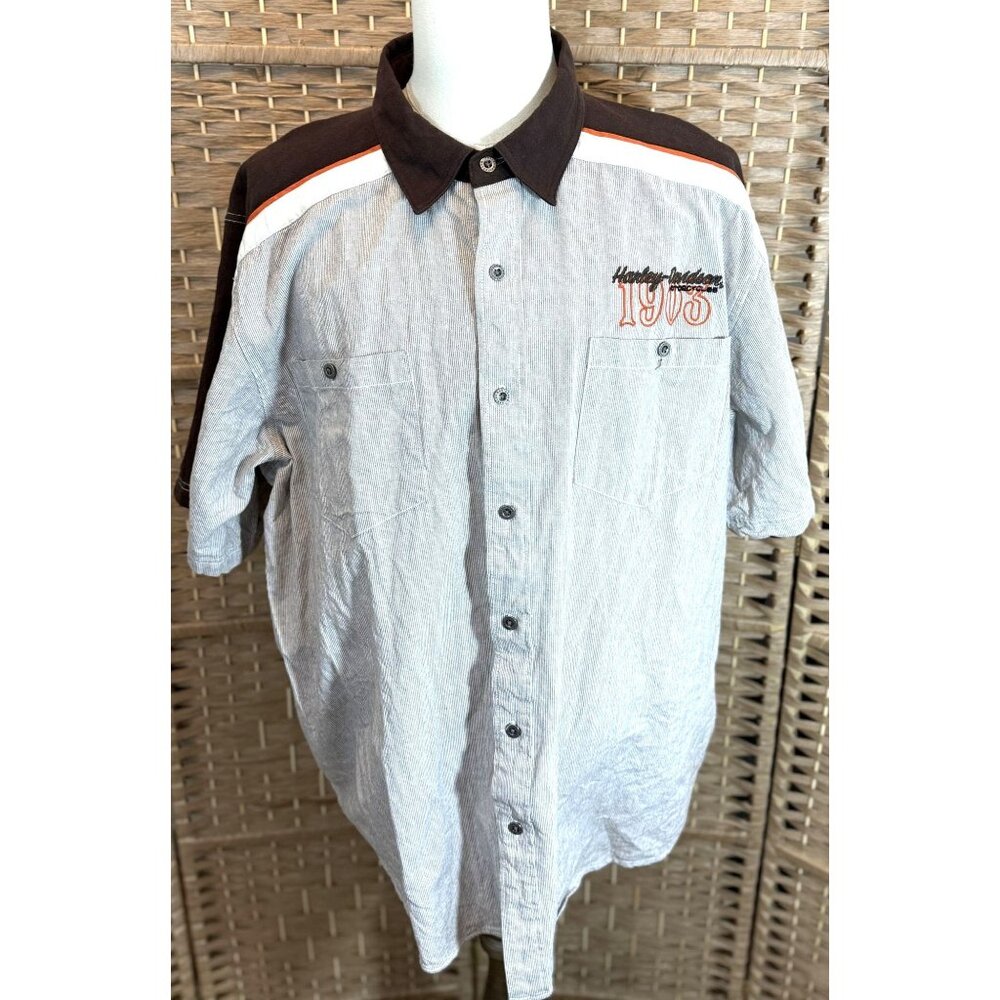 Harley-Davidson Mens 1903 Short Sleeve Button-Up Shirt 3XL Gray & Black Cotton/L